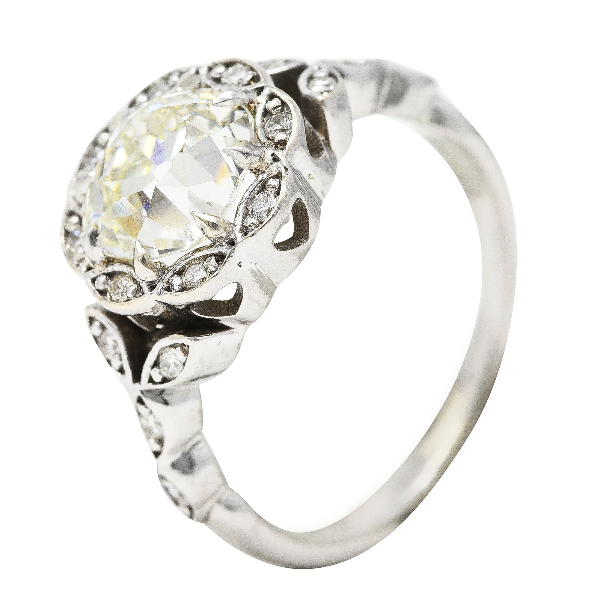 Vintage 2.17 CTW Old Mine Diamond 14 Karat White Gold Flower Cluster Engagement Ring - Image 8