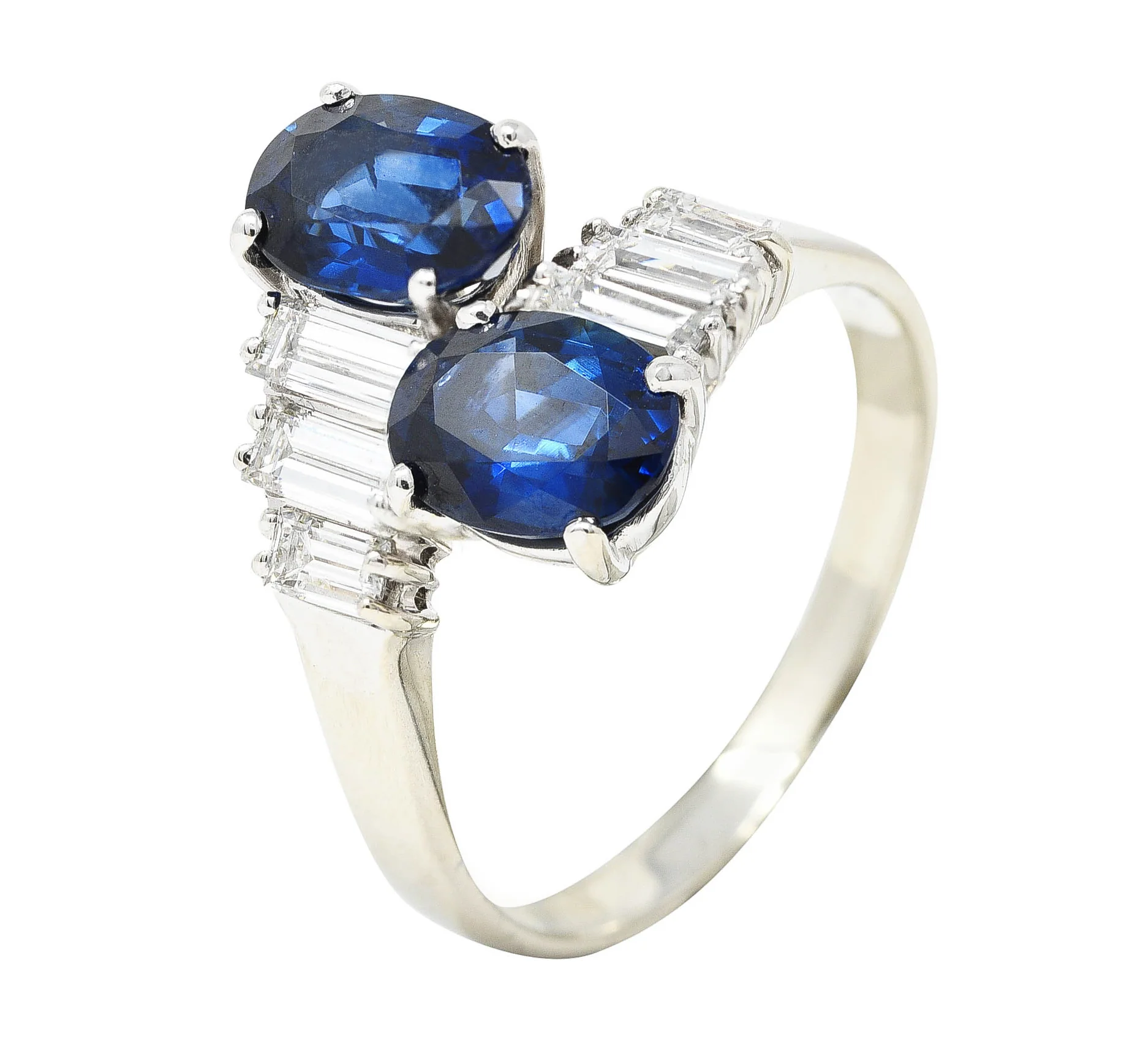 Vintage 3.54 CTW Oval Cut Sapphire Baguette Cut Diamond 18 Karat White Gold Bypass Ring - Image 9