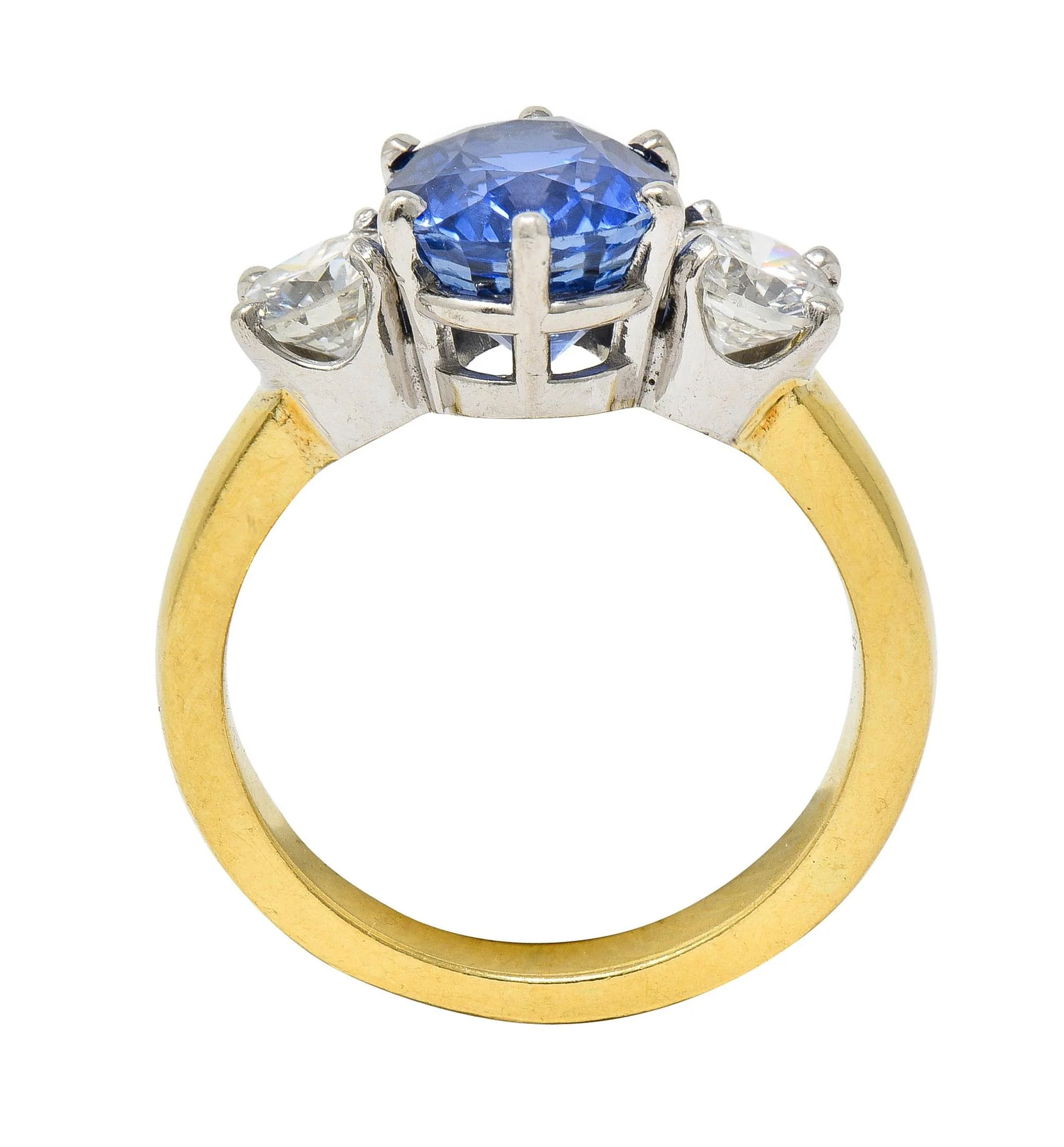 Vintage 3.86 CTW No Heat Ceylon Sapphire Diamond Platinum 18 Karat Gold Three Stone Ring GIA - Image 9
