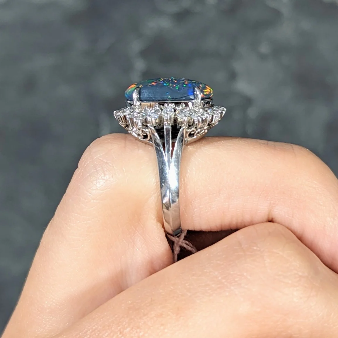 Vintage Black Opal Cabochon Marquise Cut Diamond Platinum Cluster Ring - Image 13