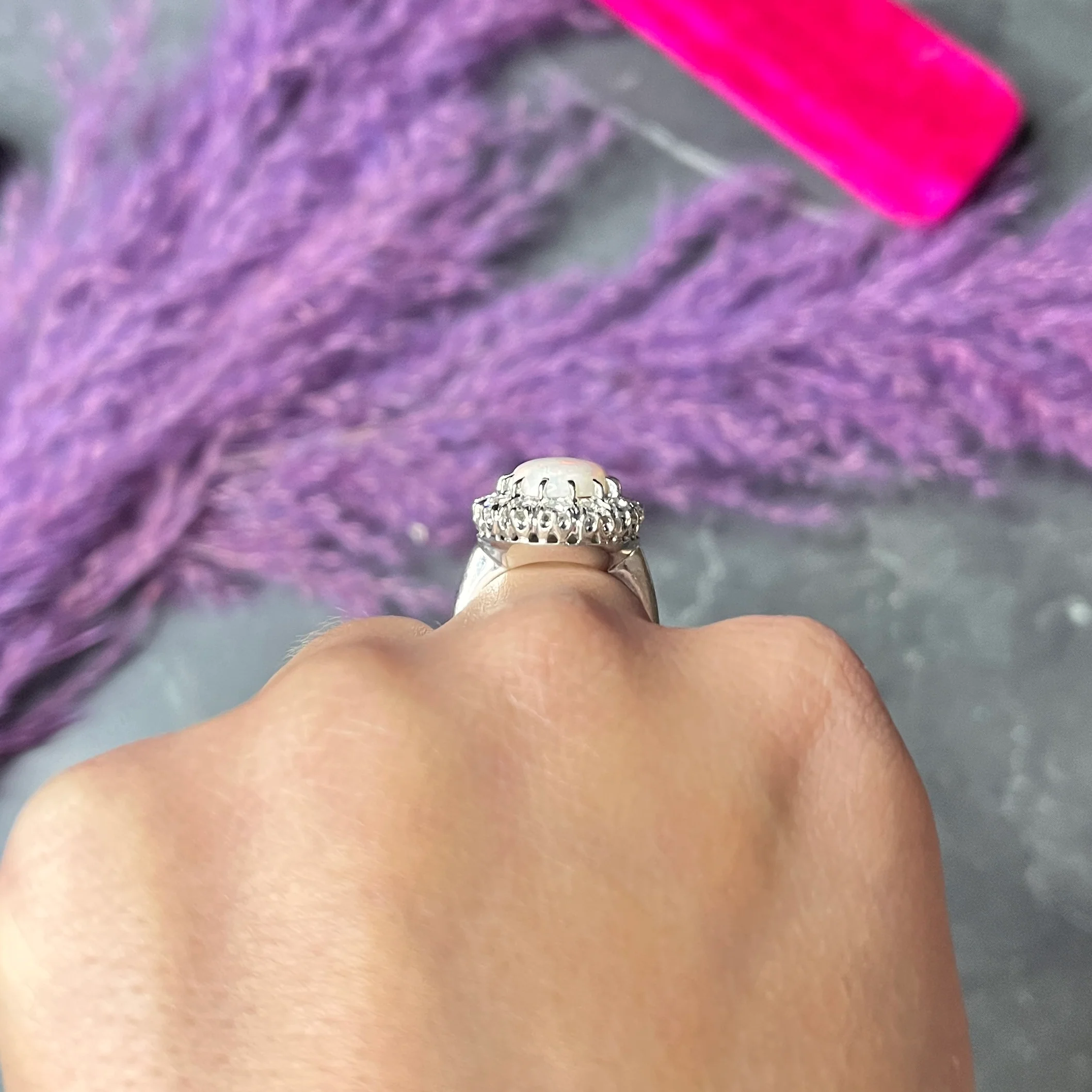 Vintage Opal Cabochon 1.00 CTW Diamond 14 Karat White Gold Cluster Ring - Image 11