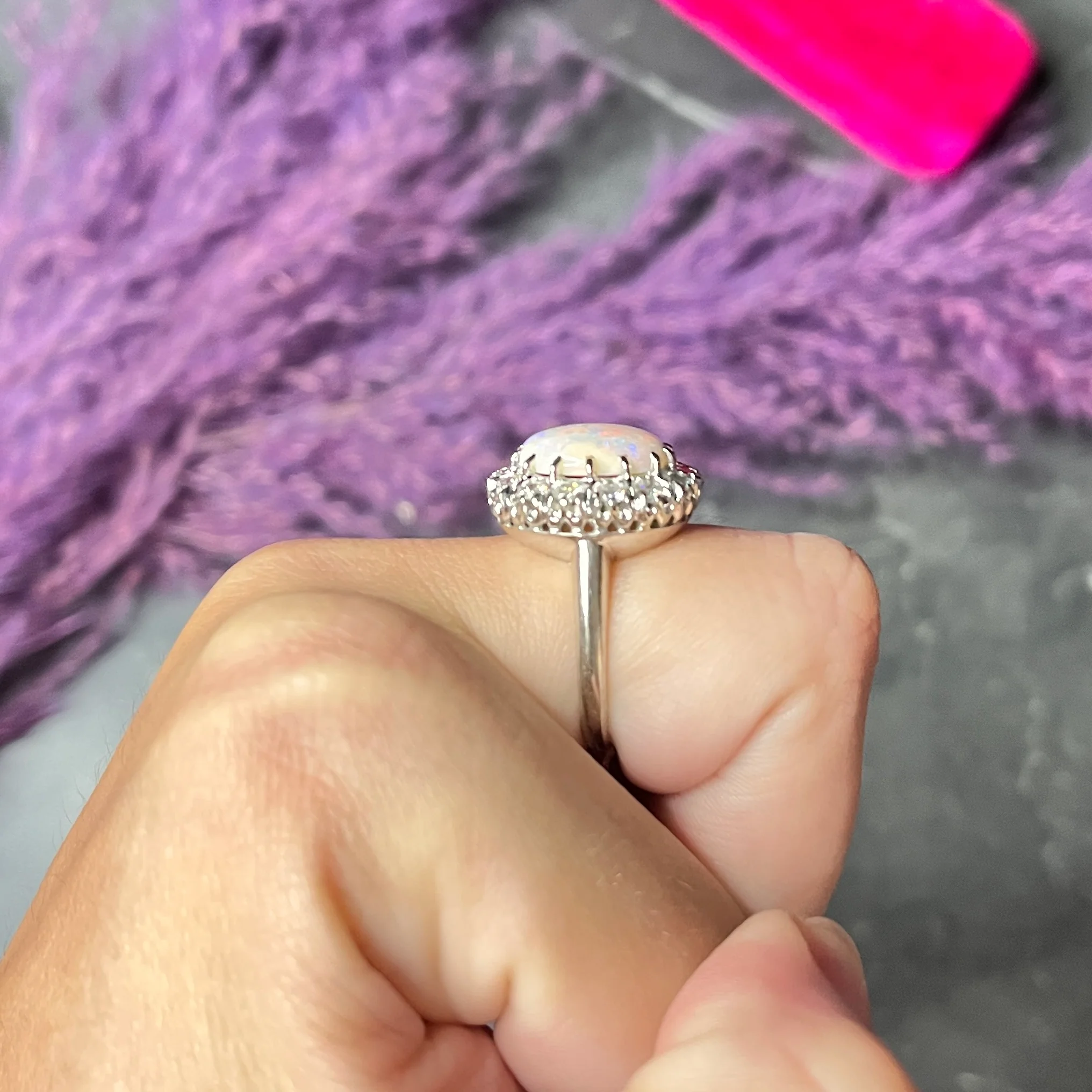 Vintage Opal Cabochon 1.00 CTW Diamond 14 Karat White Gold Cluster Ring - Image 12
