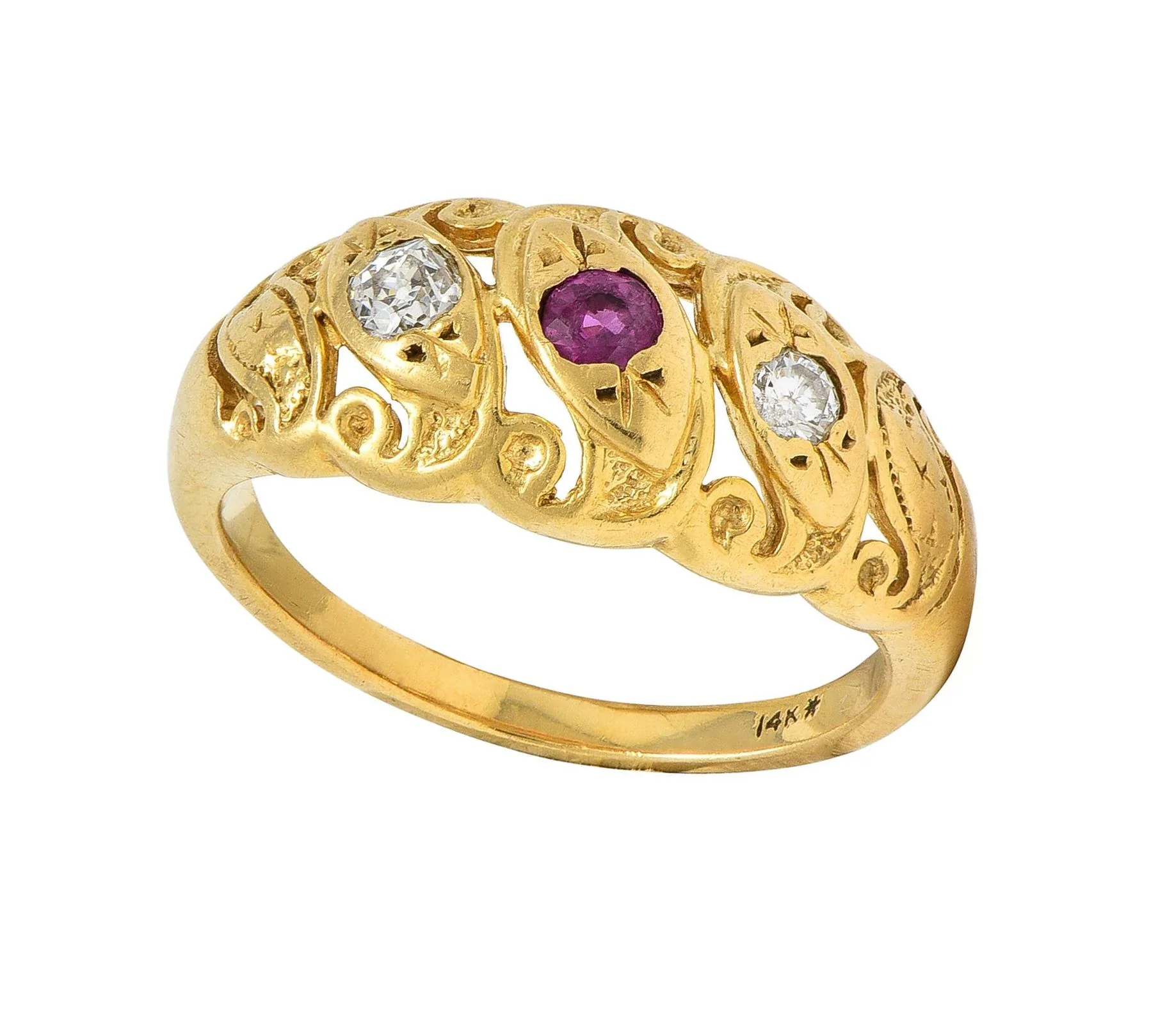 Vintage Ruby Diamond 14 Karat Yellow Gold Triple Snake Band Ring - Image 10
