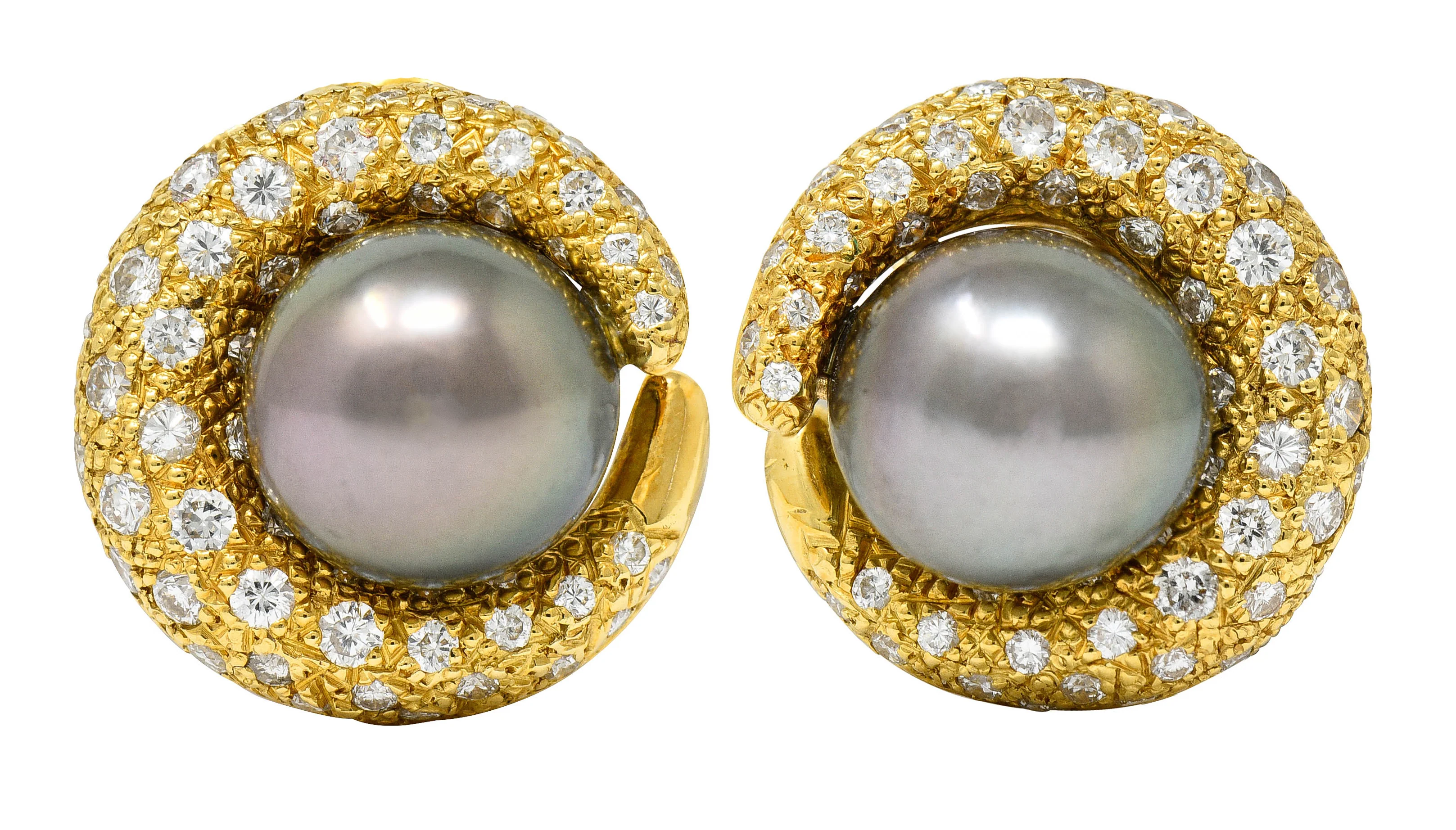 Vintage Tahitian South Sea Pearl 2.25 CTW Diamond 18 Karat Gold Earrings