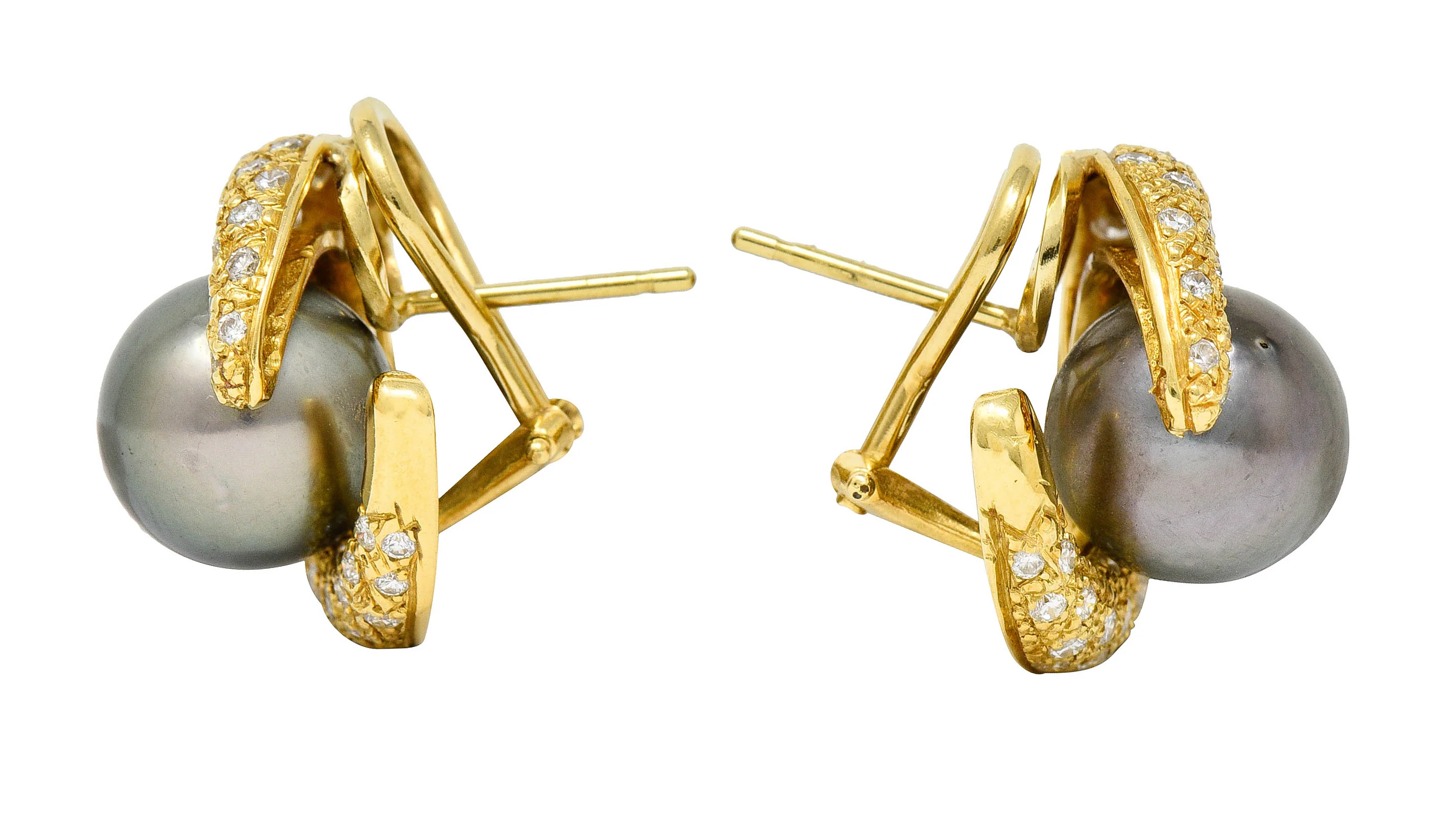 Vintage Tahitian South Sea Pearl 2.25 CTW Diamond 18 Karat Gold Earrings - Image 2