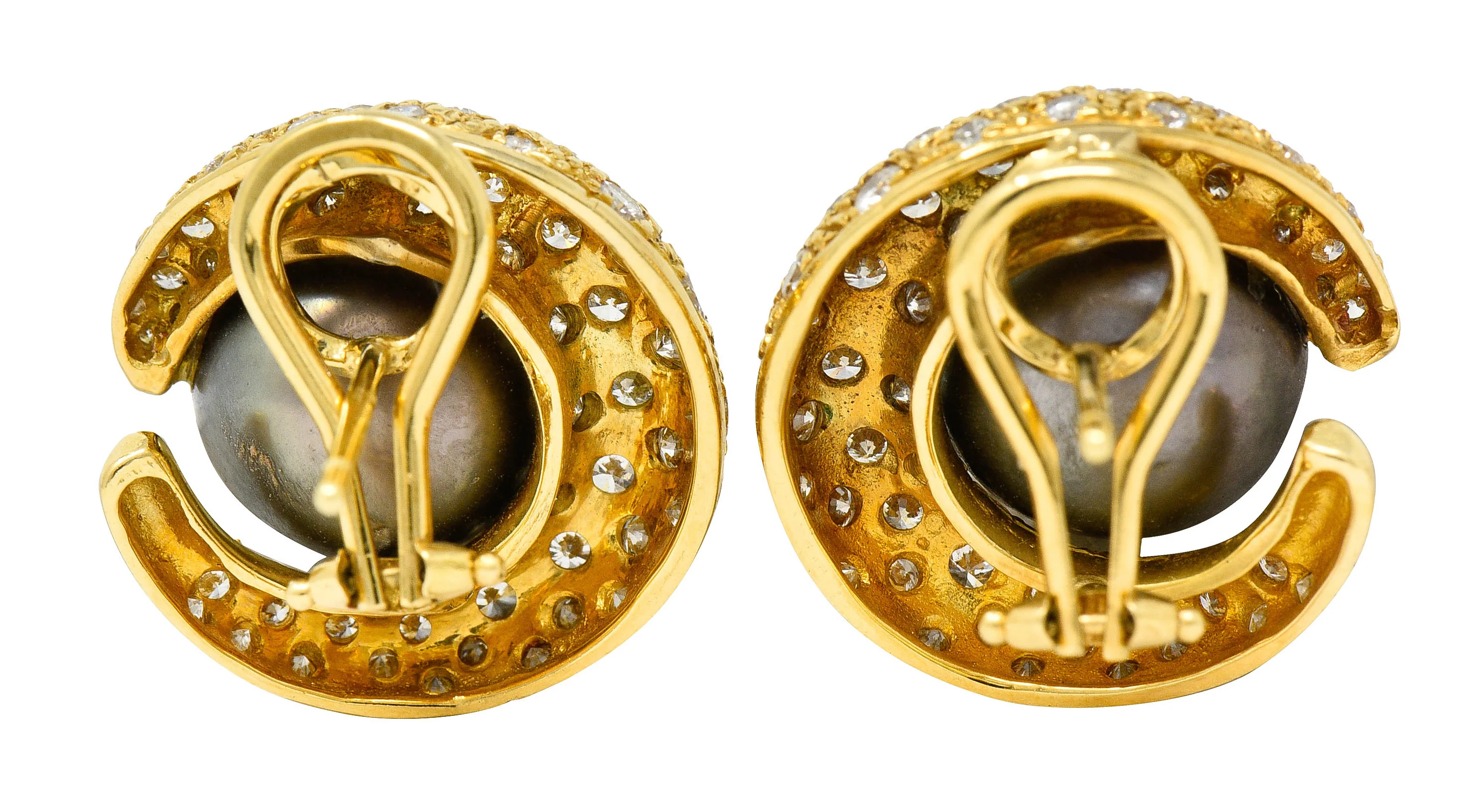 Vintage Tahitian South Sea Pearl 2.25 CTW Diamond 18 Karat Gold Earrings - Image 3