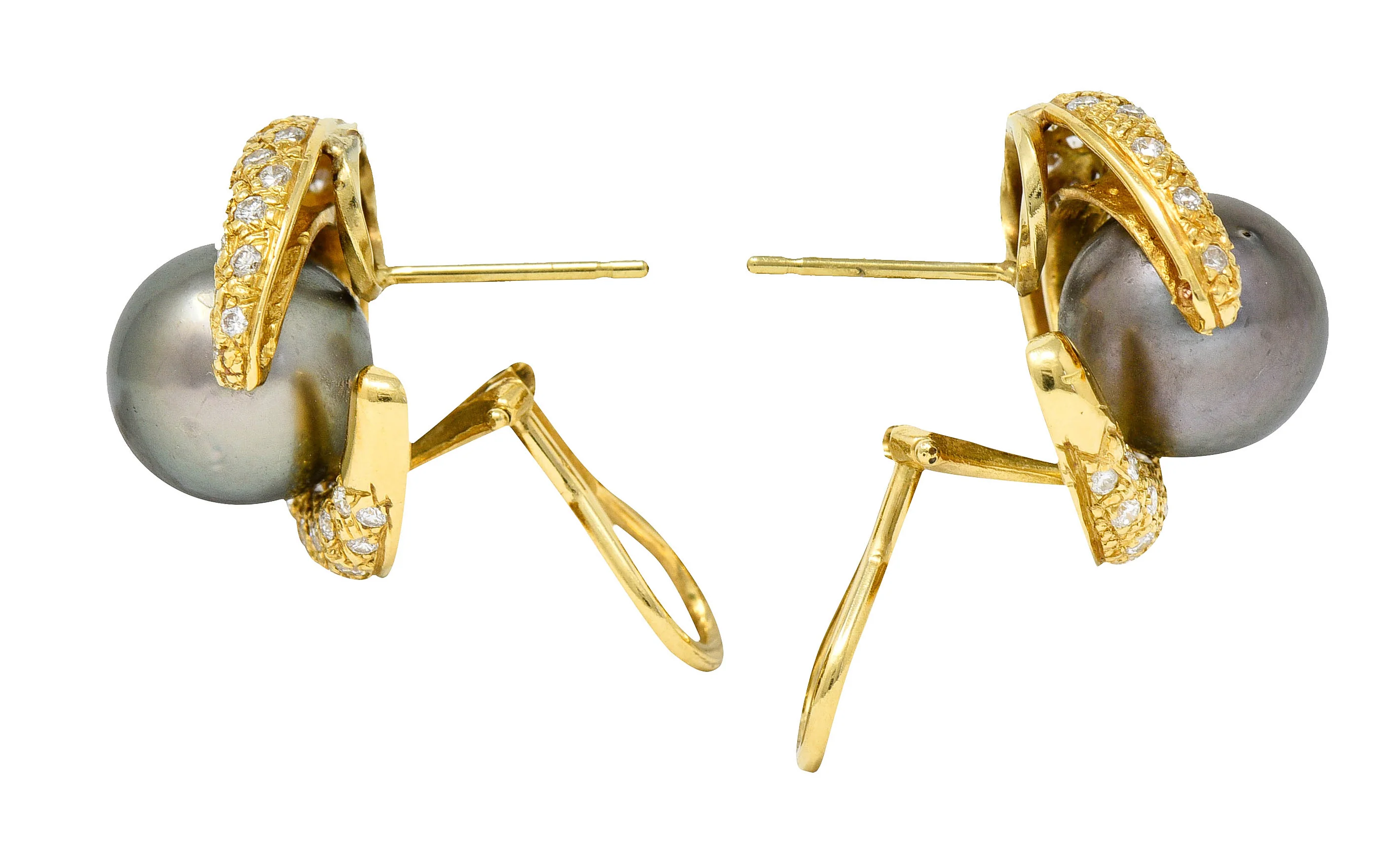 Vintage Tahitian South Sea Pearl 2.25 CTW Diamond 18 Karat Gold Earrings - Image 4