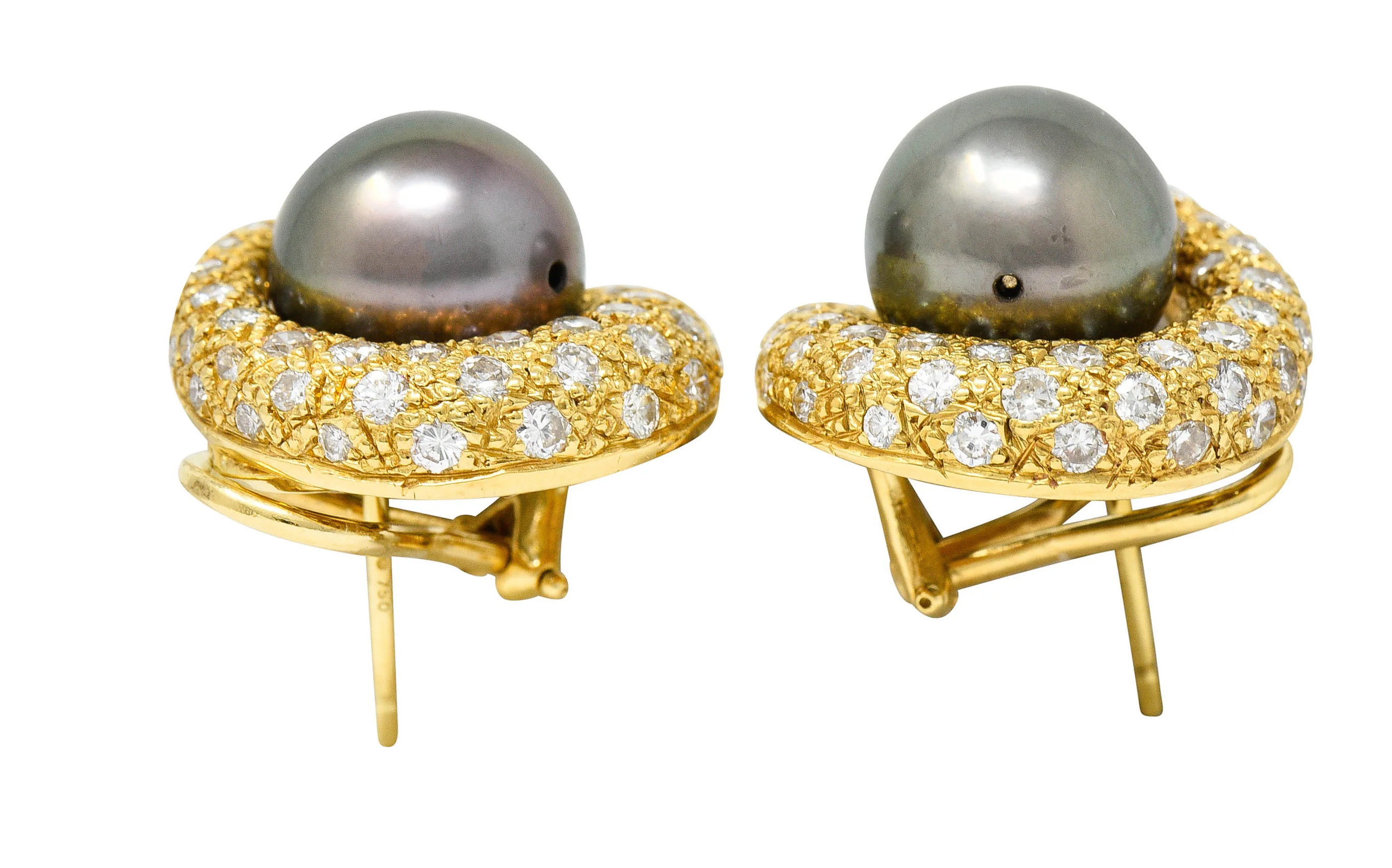 Vintage Tahitian South Sea Pearl 2.25 CTW Diamond 18 Karat Gold Earrings - Image 7