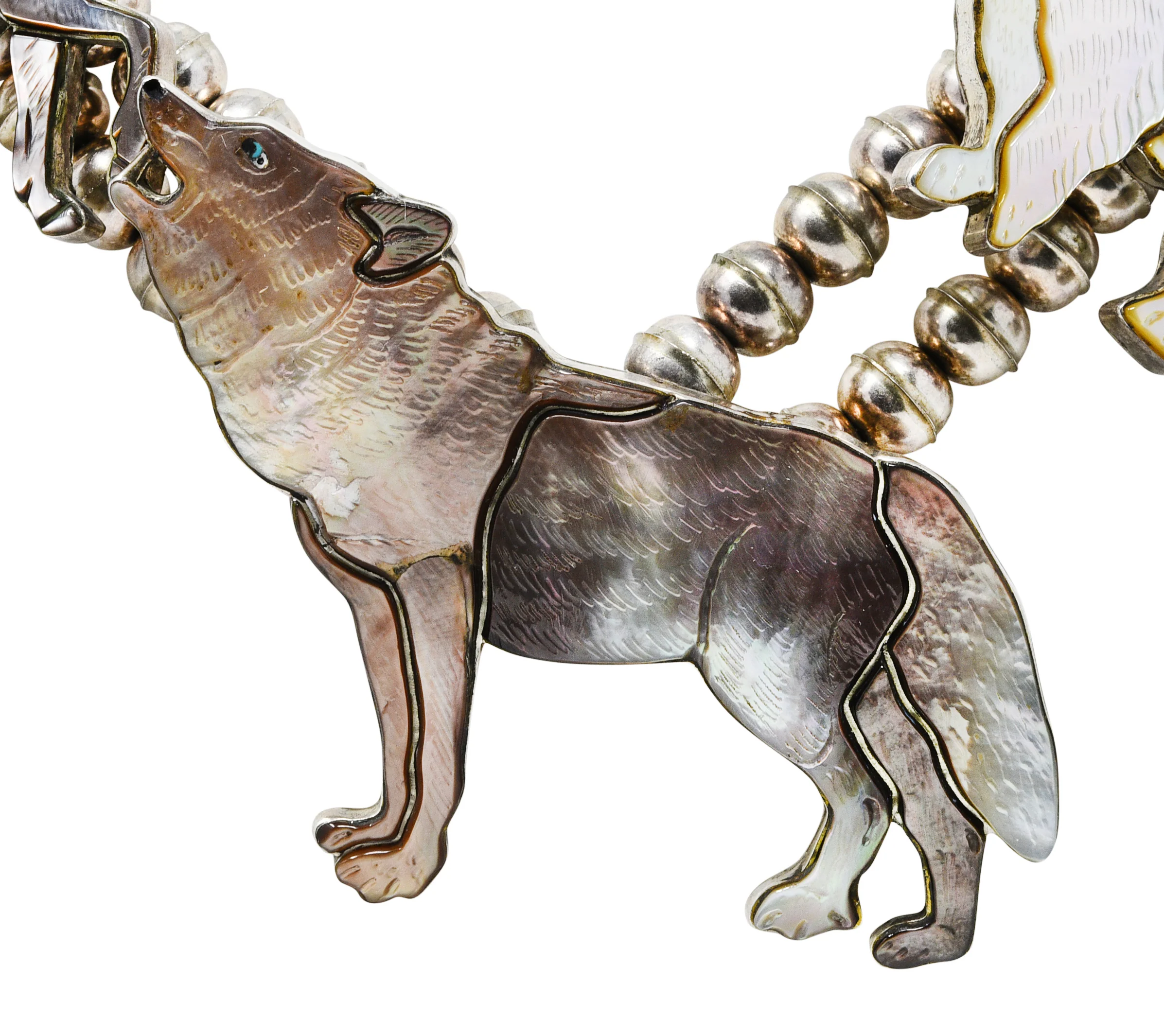 Virgil & Shirley Benn 1970's Mother-Of-Pearl Inlay Sterling Silver Beaded Vintage Zuni Animal Squash Blossom Style Necklace - Image 9