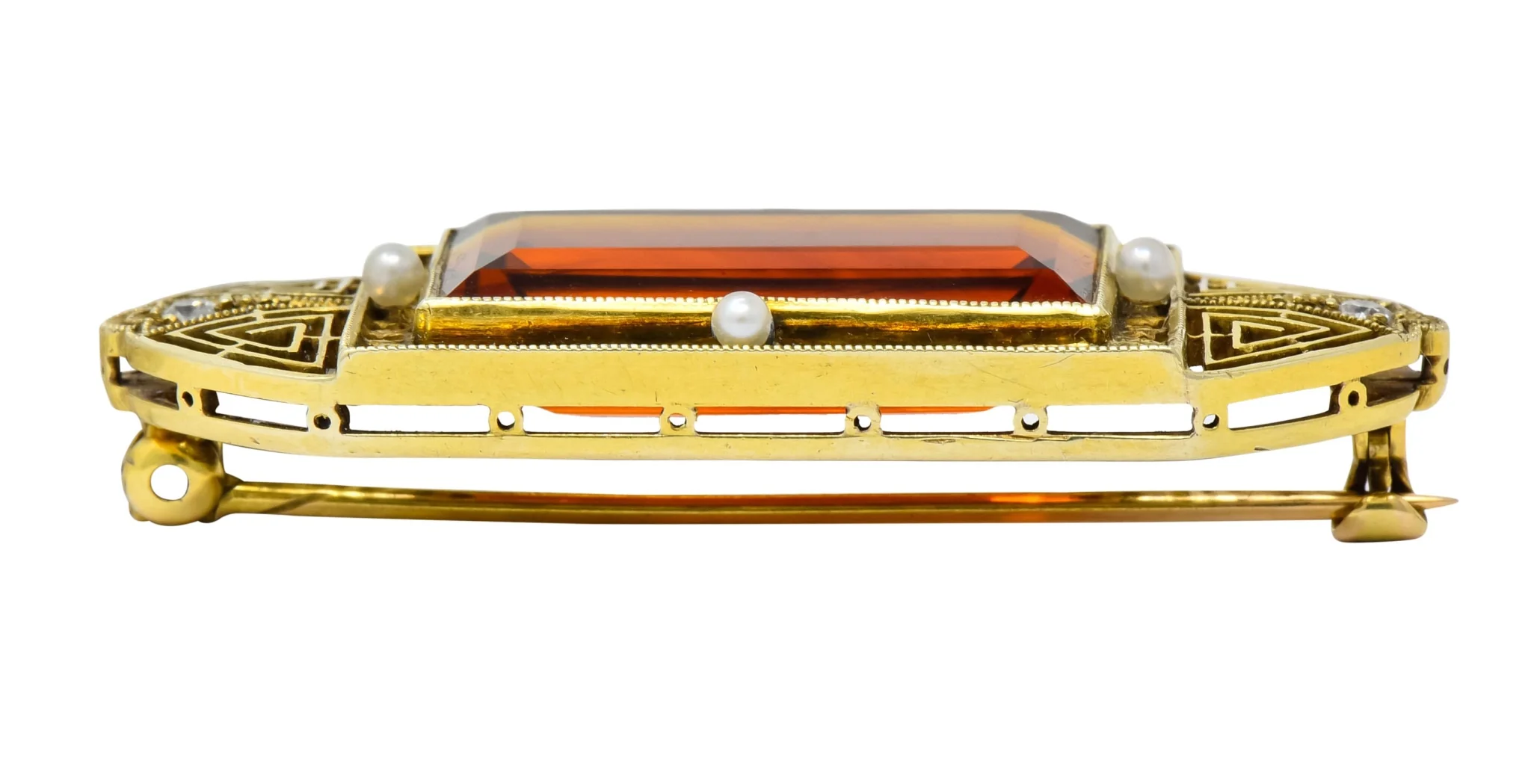 Walton & Co. Art Deco 10.46 CTW Citrine Pearl Diamond 14 Karat Gold Brooch - Image 7