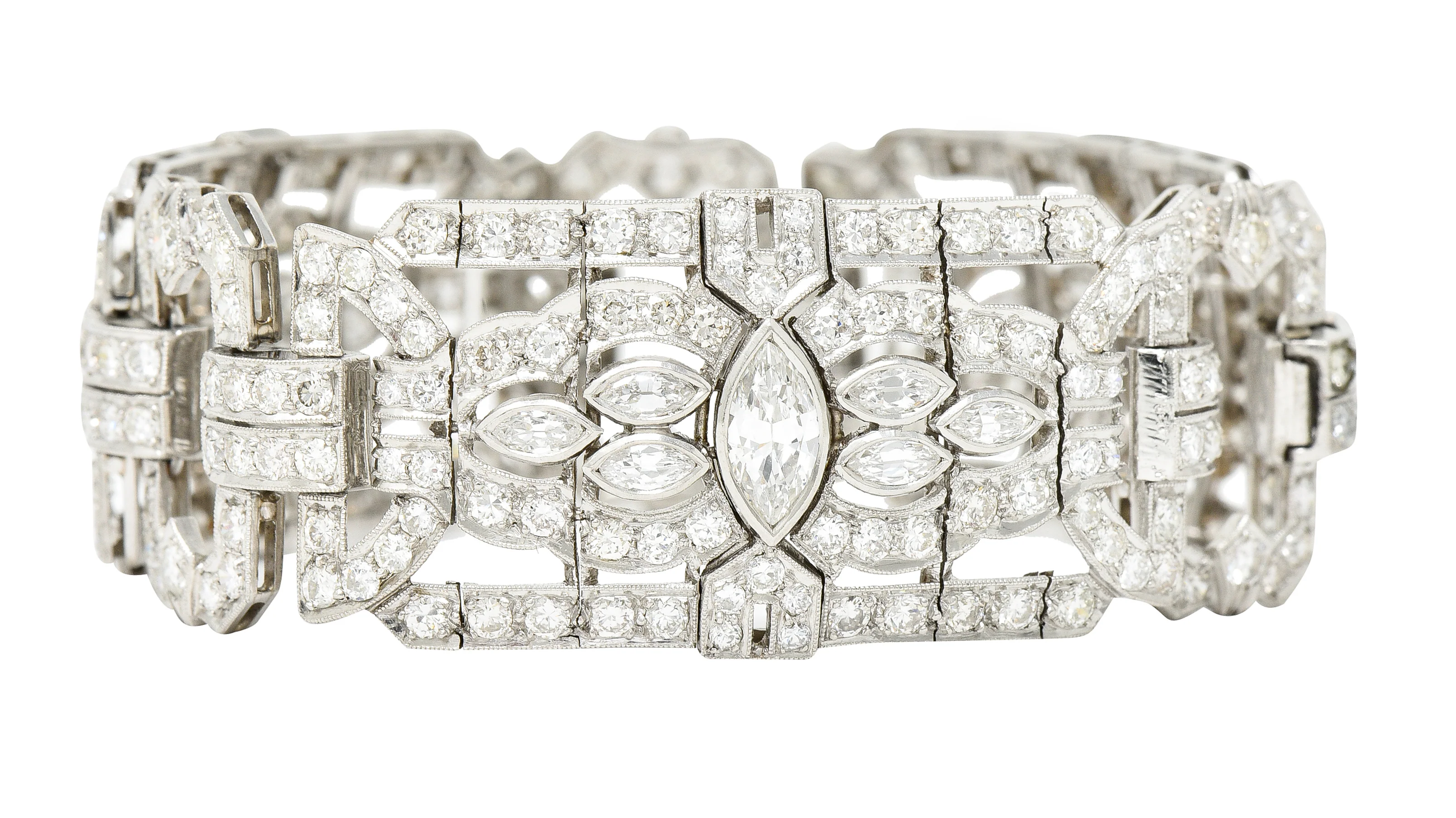 Waslikoff Art Deco 19.10 CTW Marquise Cut Diamond Platinum Geometric Wide Strap Link Bracelet - Image 3